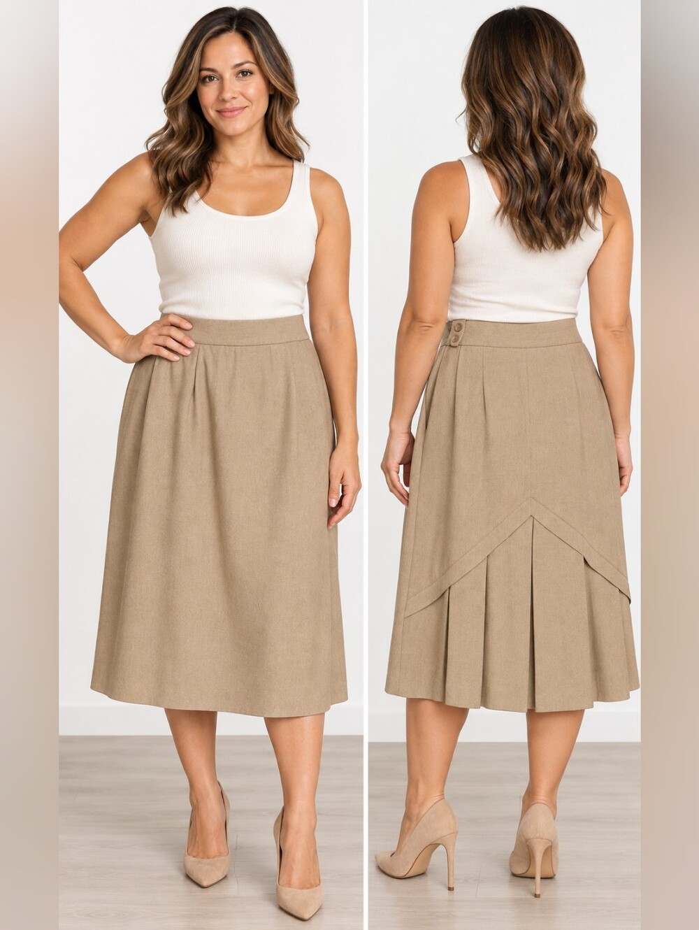Vintage High-Waist Camel Midi Skirt with Pleated Back Detail